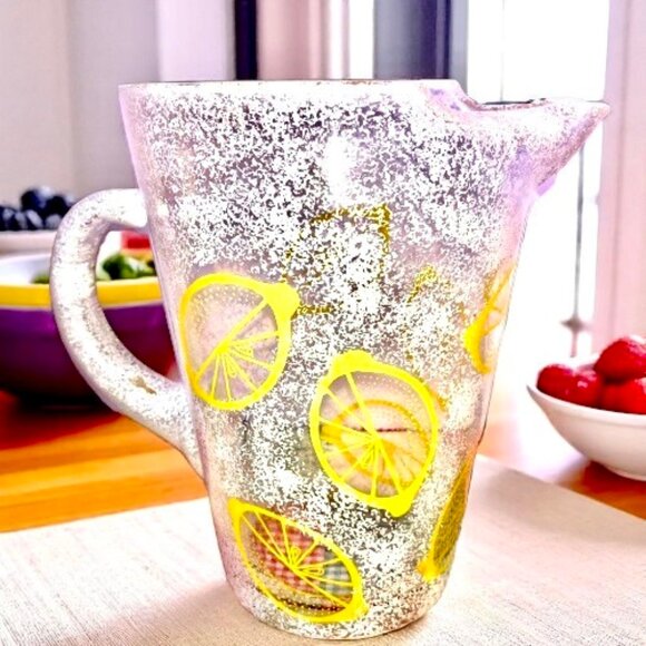 Vintage Glass Large Pitcher Frosted Lemons Pouring LIP Water Lemonade Ice Tea - Picture 1 of 9